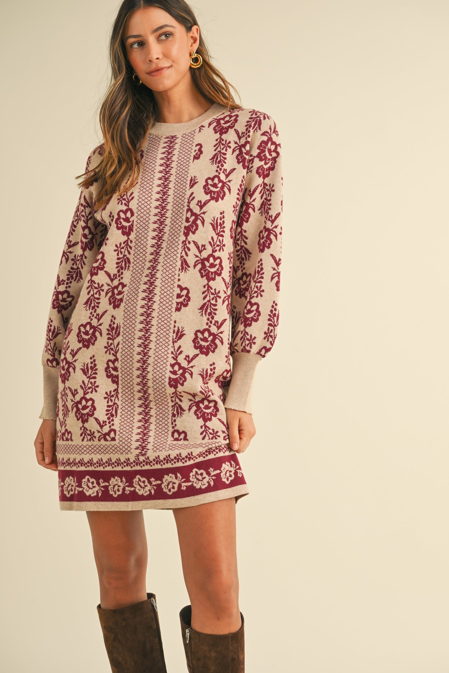 Floral Jacquard Sweater Mini Dress - Oatmeal/Burgundy