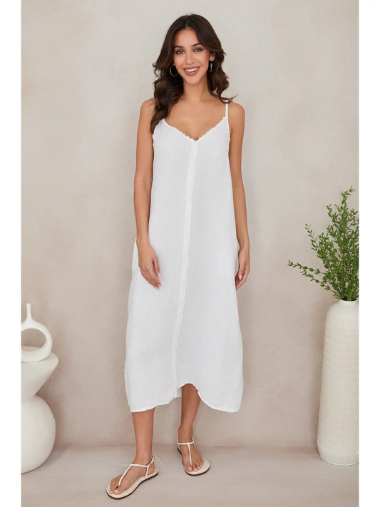 Raw Edge Seam Sleeveless Maxi Dress with Pockets - White
