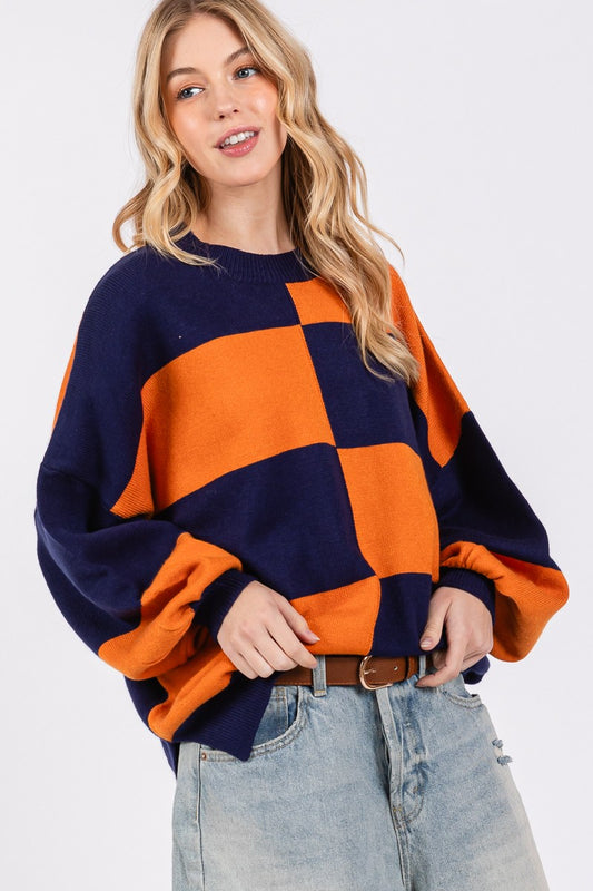 Oversized Checkerboard Sweater - Navy/Orange