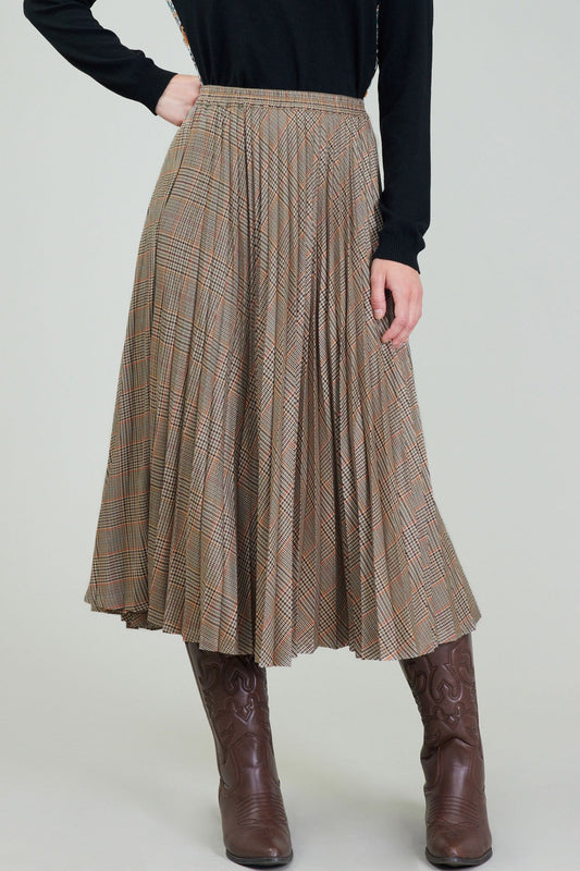 Glen Check Long Pleated Skirt - Camel