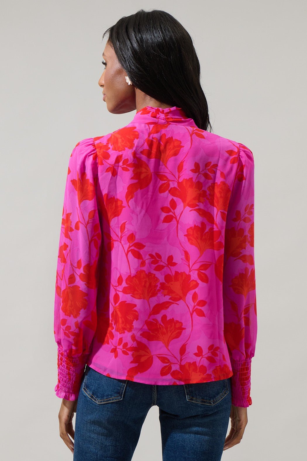 Kensie Floral Etienne Tie Neck Long Sleeve Blouse - Fuchsia/Red