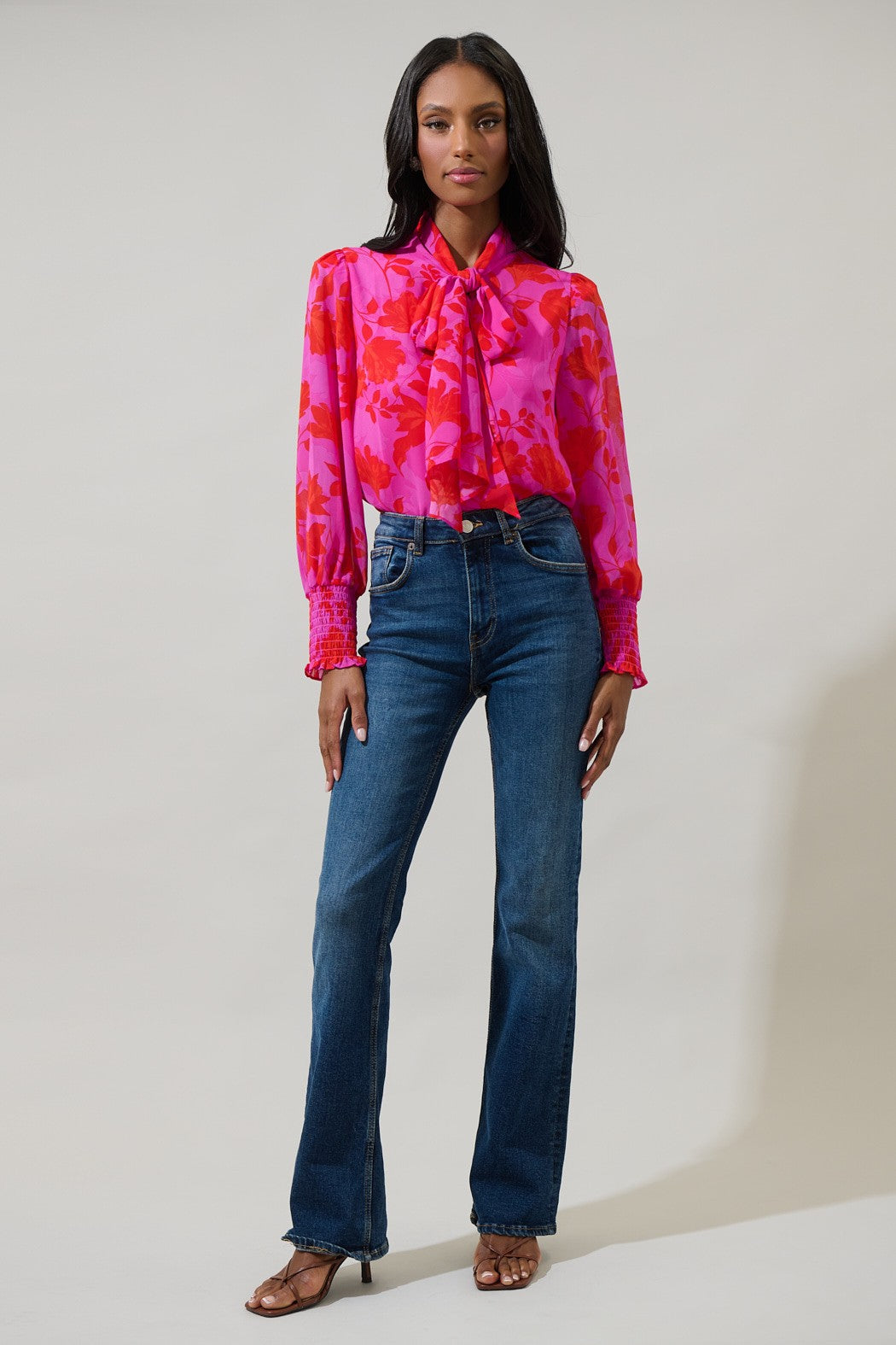 Kensie Floral Etienne Tie Neck Long Sleeve Blouse - Fuchsia/Red