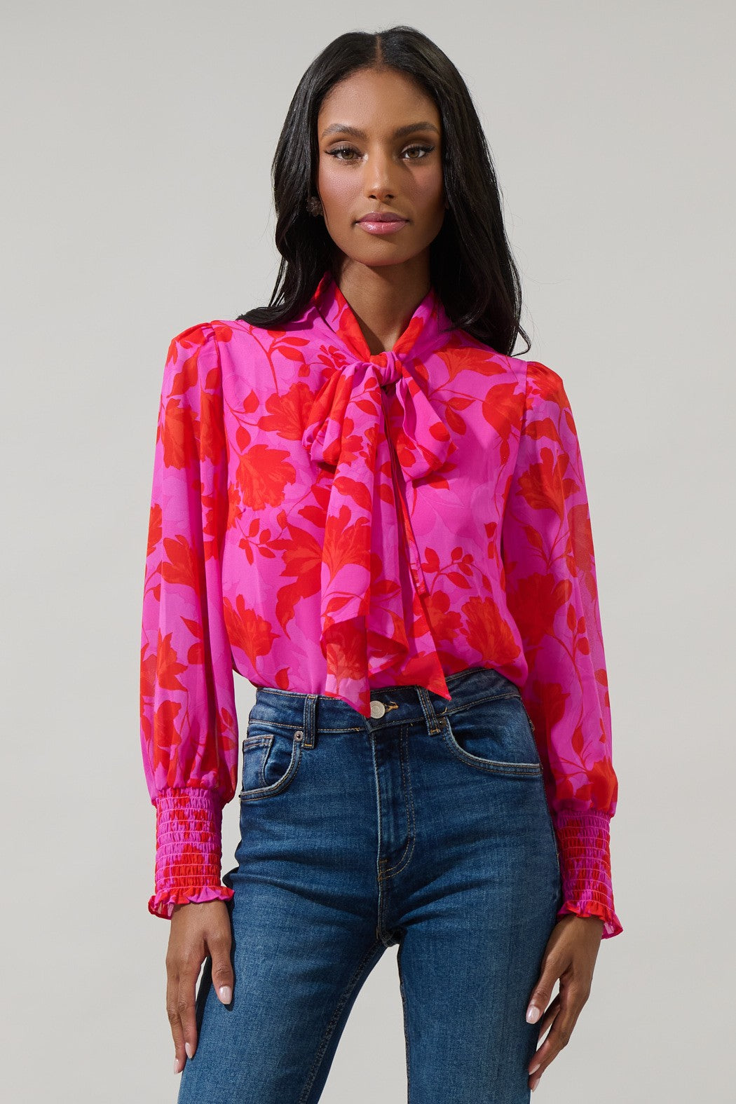 Kensie Floral Etienne Tie Neck Long Sleeve Blouse - Fuchsia/Red