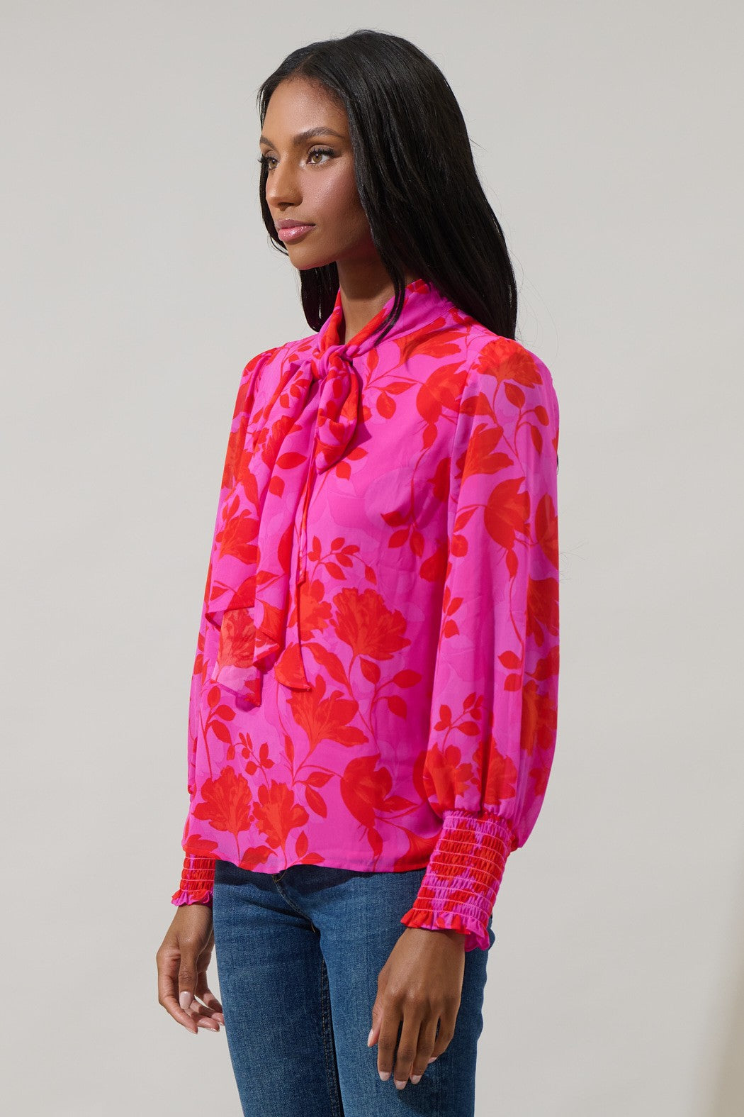 Kensie Floral Etienne Tie Neck Long Sleeve Blouse - Fuchsia/Red