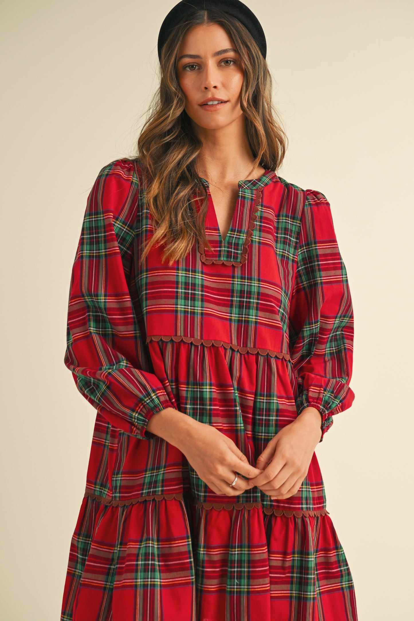 Plaid Scallop Trim Detail Babydoll Mini Dress - Red