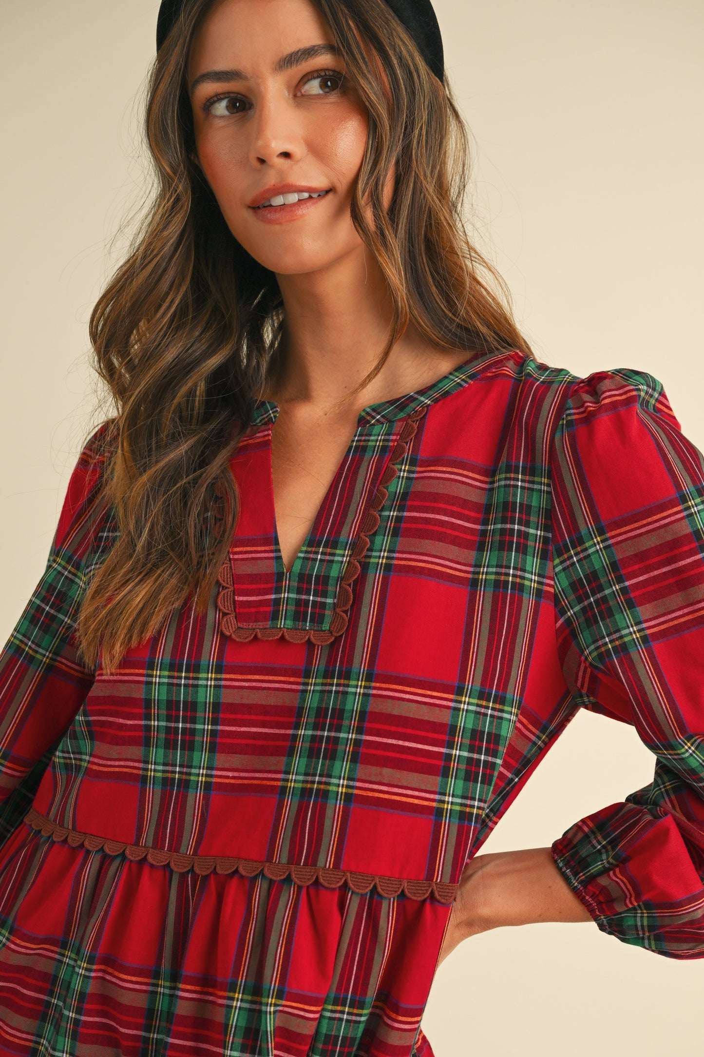 Plaid Scallop Trim Detail Babydoll Mini Dress - Red