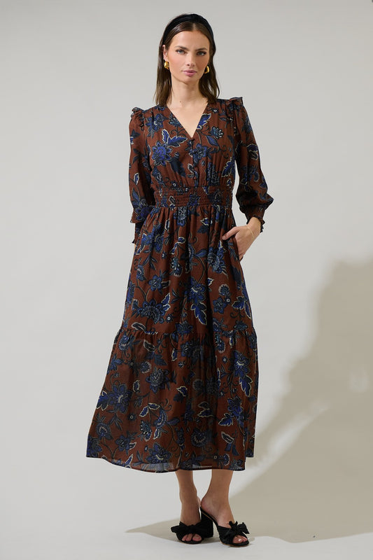 Marlina Floral Norma Long Sleeve Midi Dress - Brown Blues