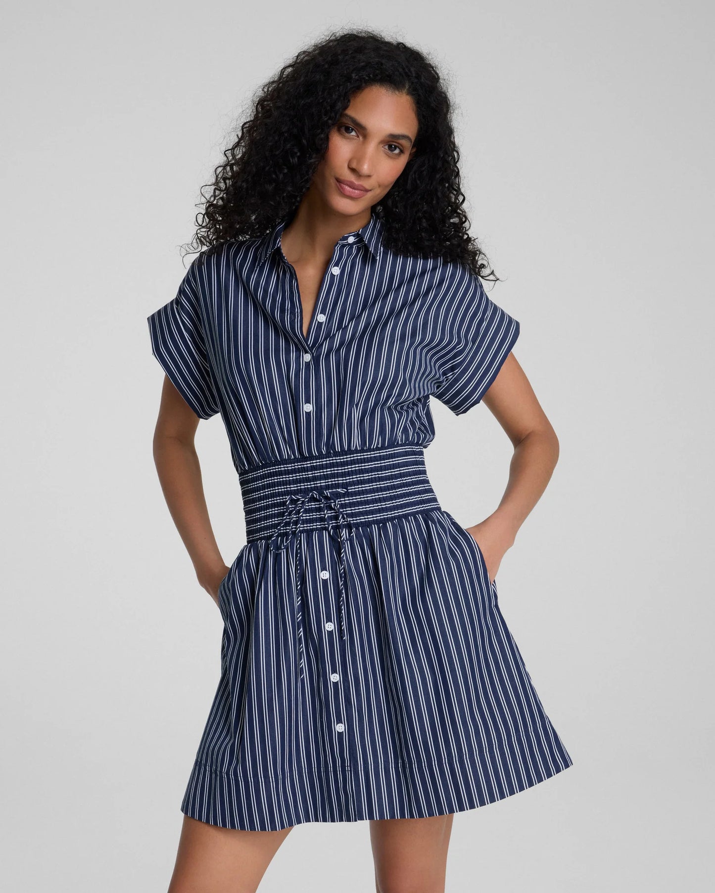 Spanx Poplin Smocked Mini Shirt Dress - Timeless Navy/Classic White