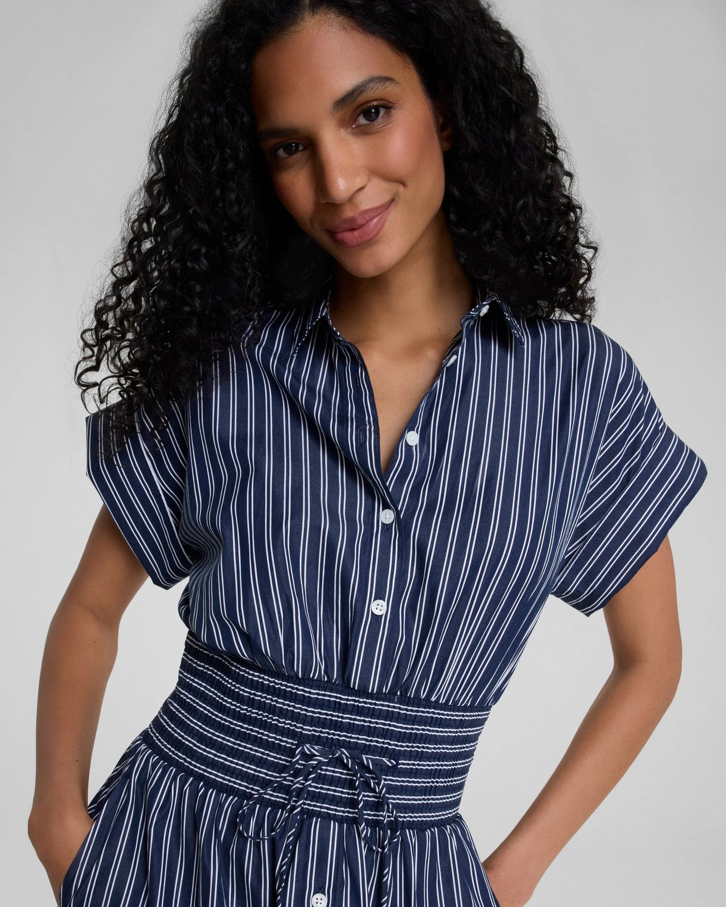 Spanx Poplin Smocked Mini Shirt Dress - Timeless Navy/Classic White