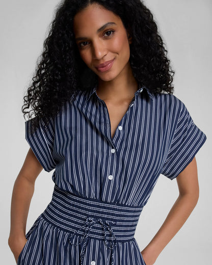 Spanx Poplin Smocked Mini Shirt Dress - Timeless Navy/Classic White