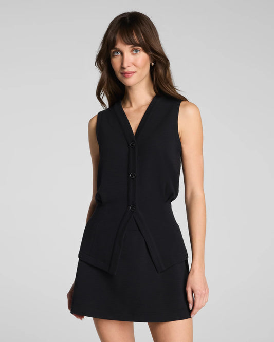 Spanx AirEssentials French Rib Button Down Vest Top - Very Black