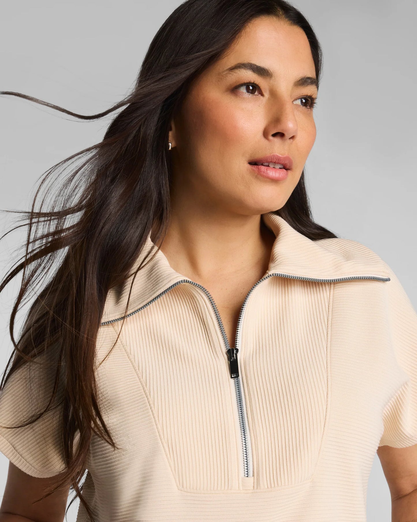 Spanx AirEssentials French Rib Short Sleeve Half Zip Top - Toasted Coconut