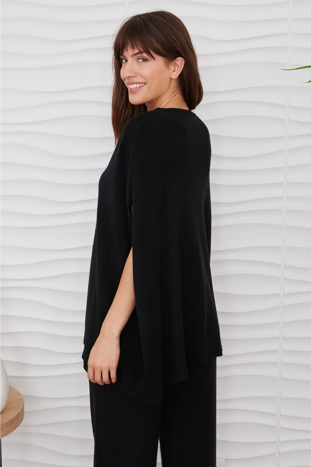 Knit Oversized V-Neck Poncho Sweater - Black