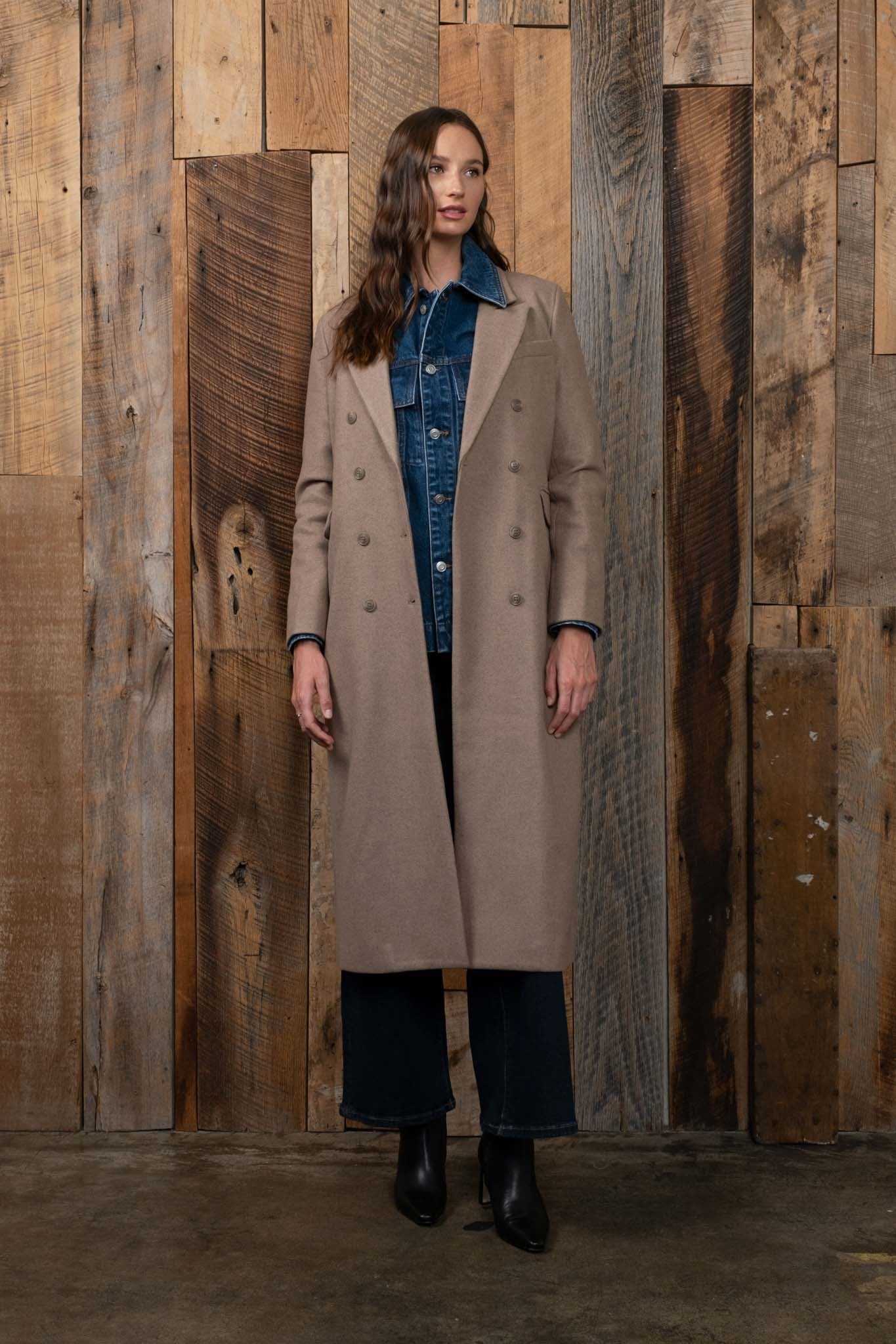 Double Breasted Longline Notched Coat - Mocha