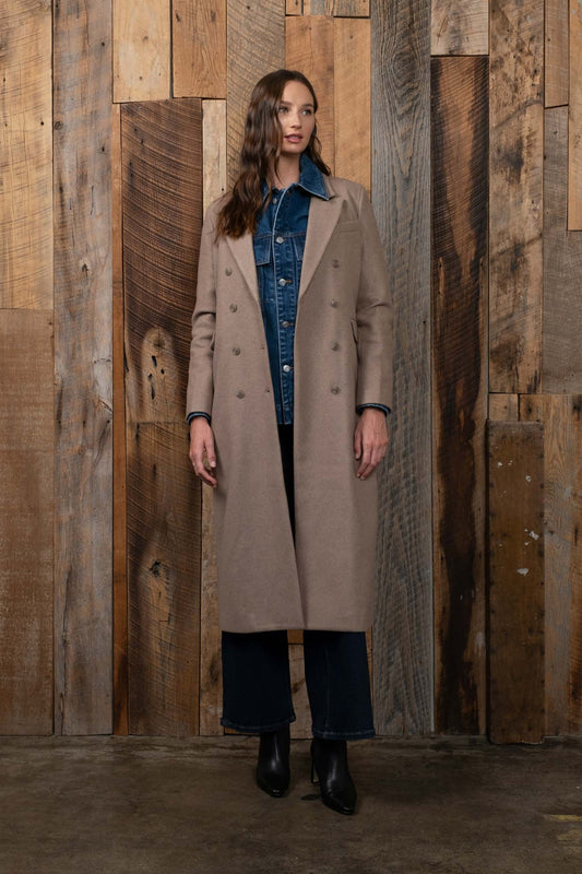 Double Breasted Longline Notched Coat - Mocha