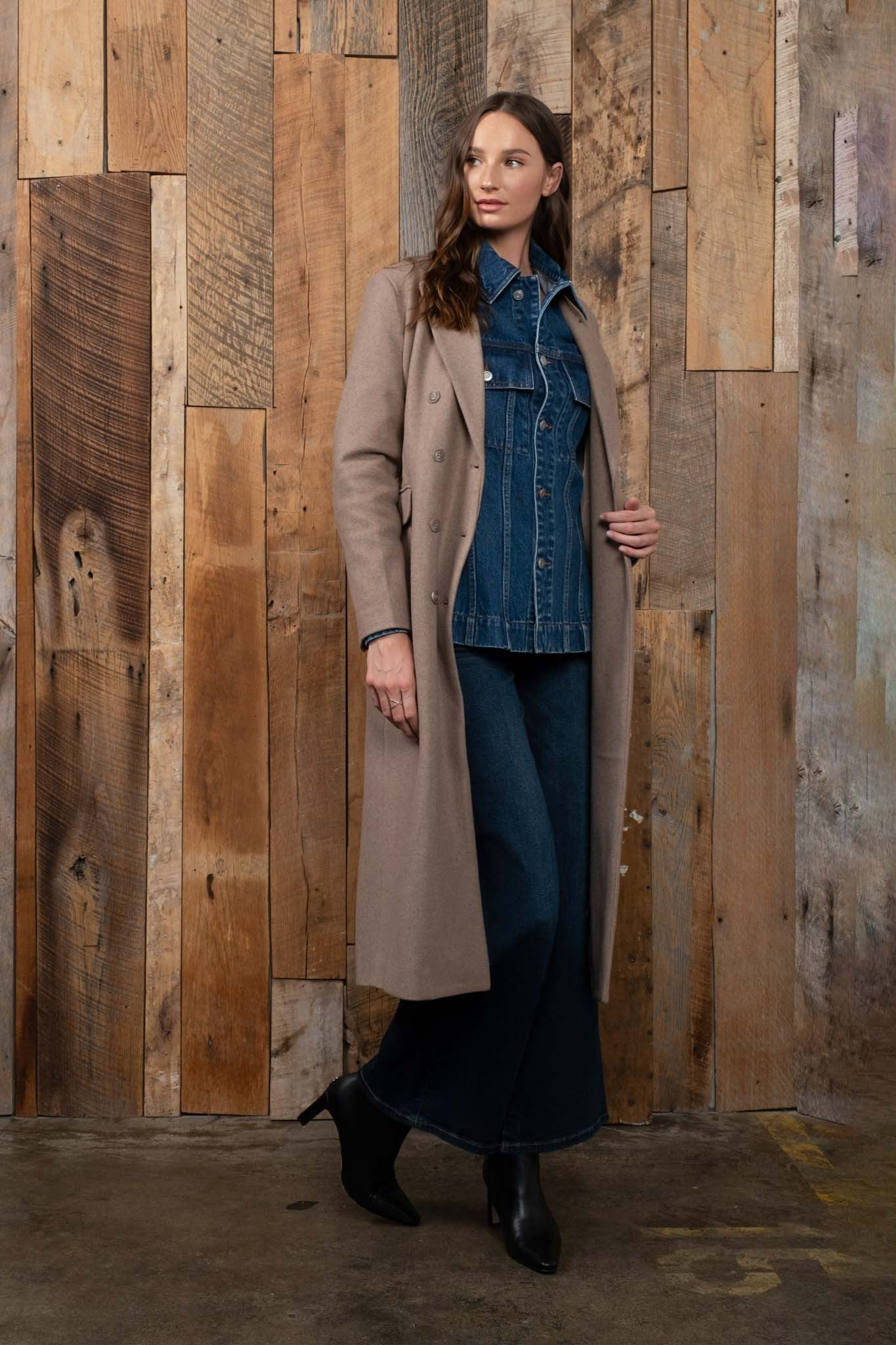 Double Breasted Longline Notched Coat - Mocha