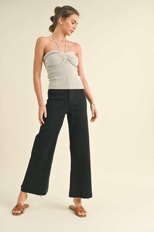 Wide Leg Denim Pants - Fade Black