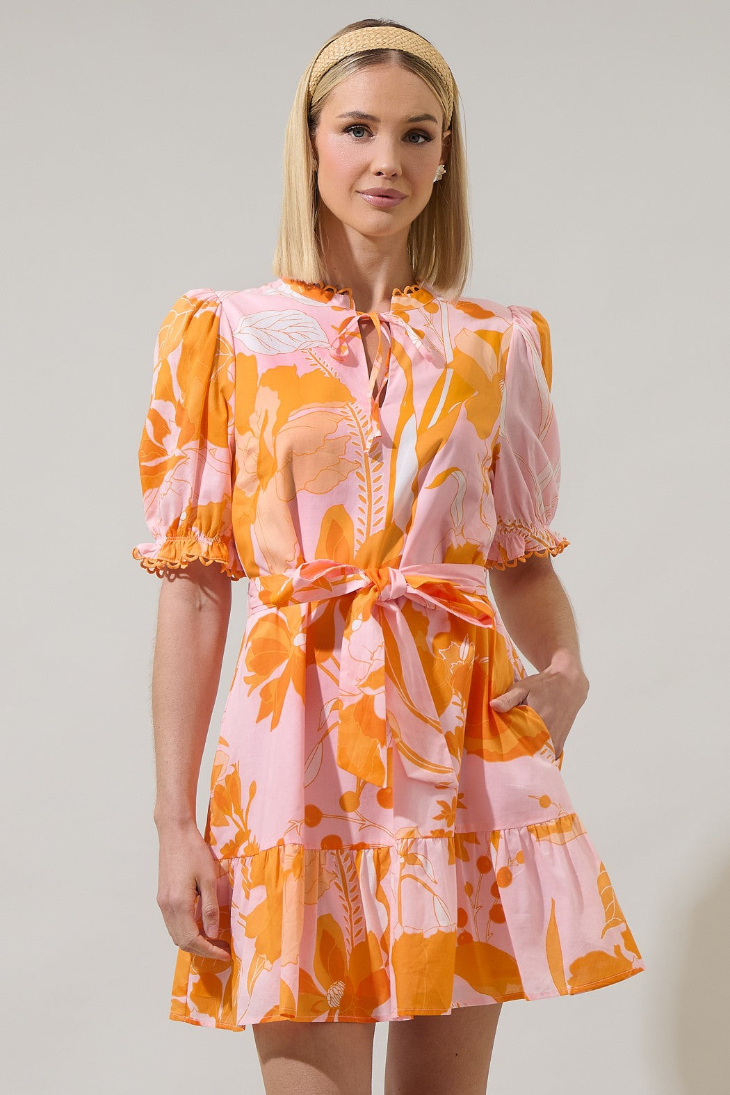 Lenira Floral Negin Split Neck Mini Dress - Pink/Orange