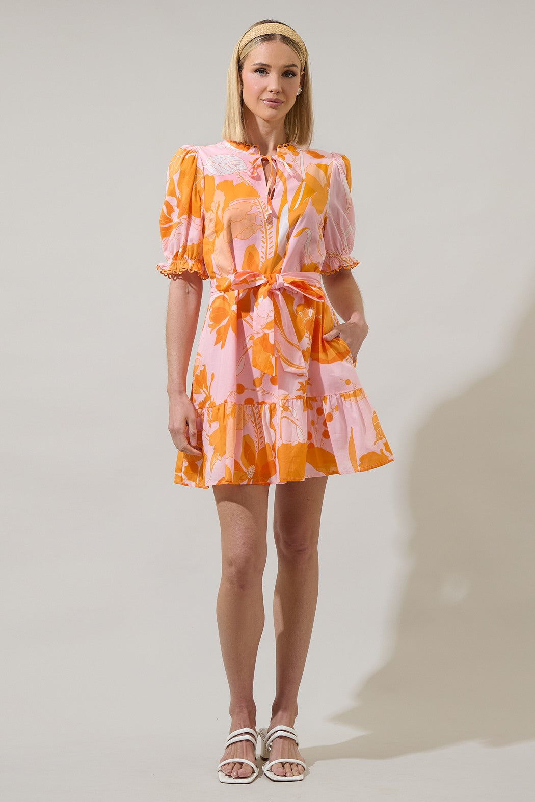 Lenira Floral Negin Split Neck Mini Dress - Pink/Orange