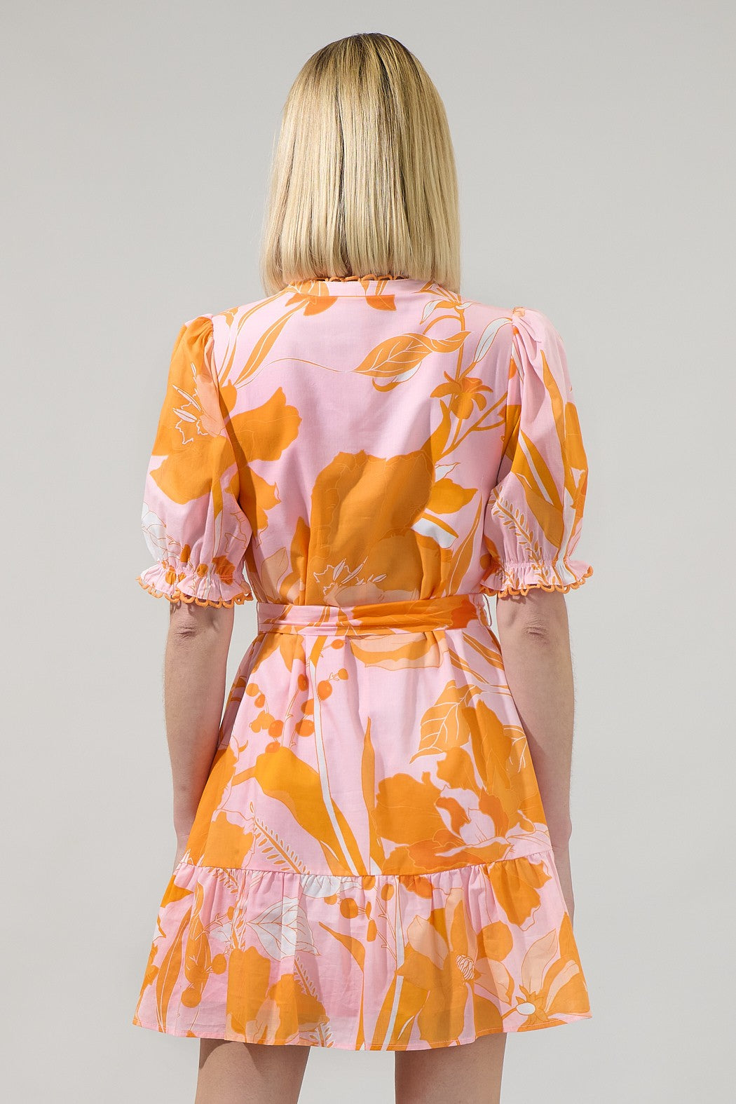 Lenira Floral Negin Split Neck Mini Dress - Pink/Orange