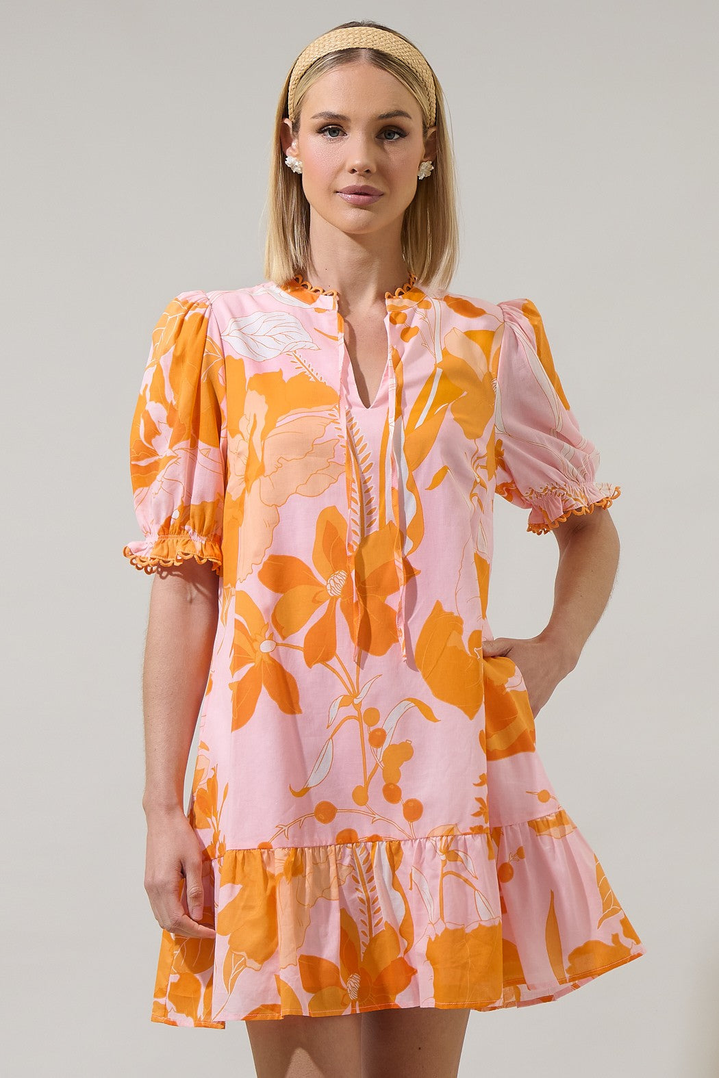 Lenira Floral Negin Split Neck Mini Dress - Pink/Orange