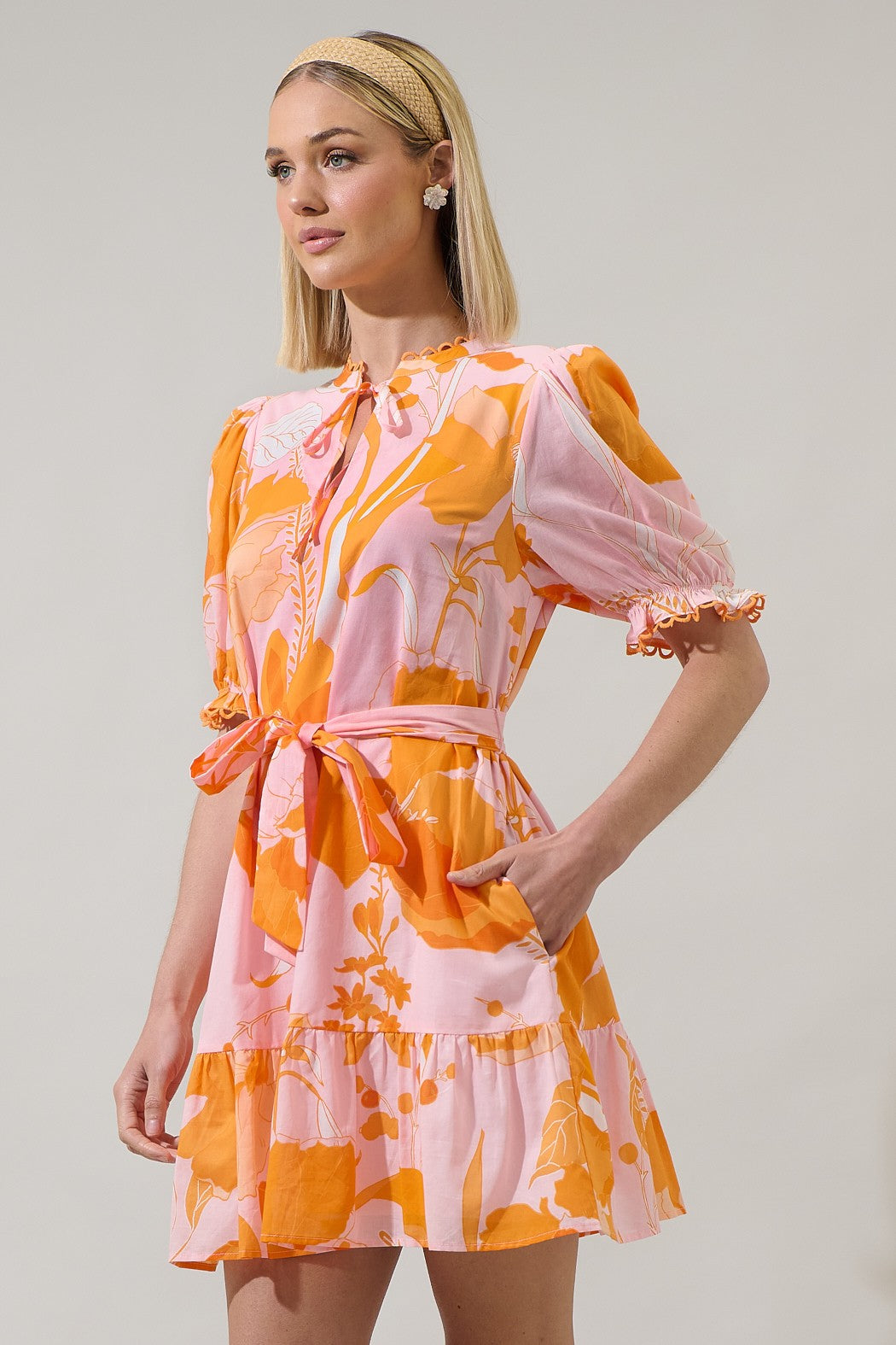 Lenira Floral Negin Split Neck Mini Dress - Pink/Orange