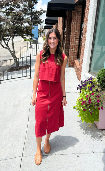 Front Zip Denim Midi Skirt - Crimson