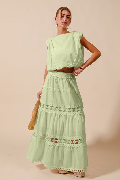 Lace Trimmed Maxi Skirt Set - Sage