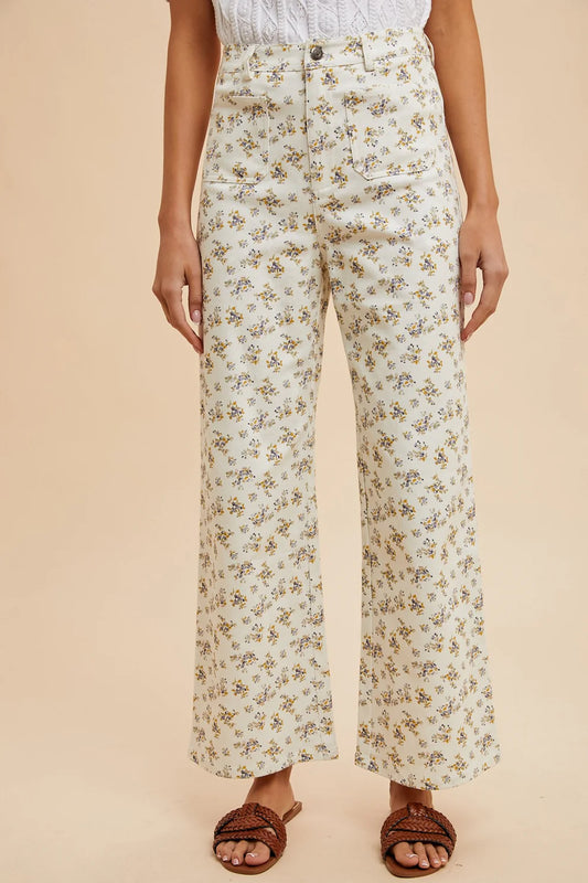 Ditsy Printed Front Pocket Stretch Wide Leg Jeans - Ivory