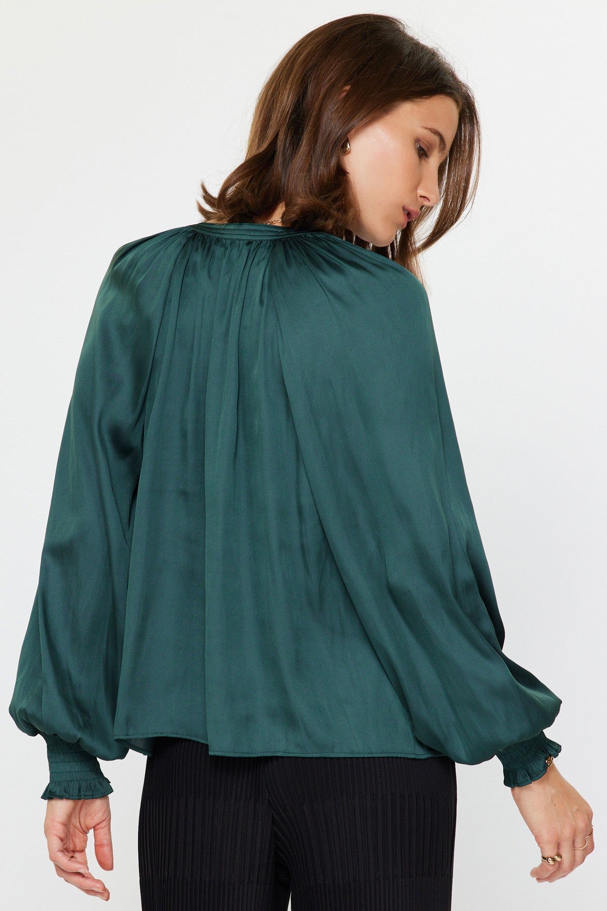 Long Sleeve V-Neck Blouse - Hunter Green