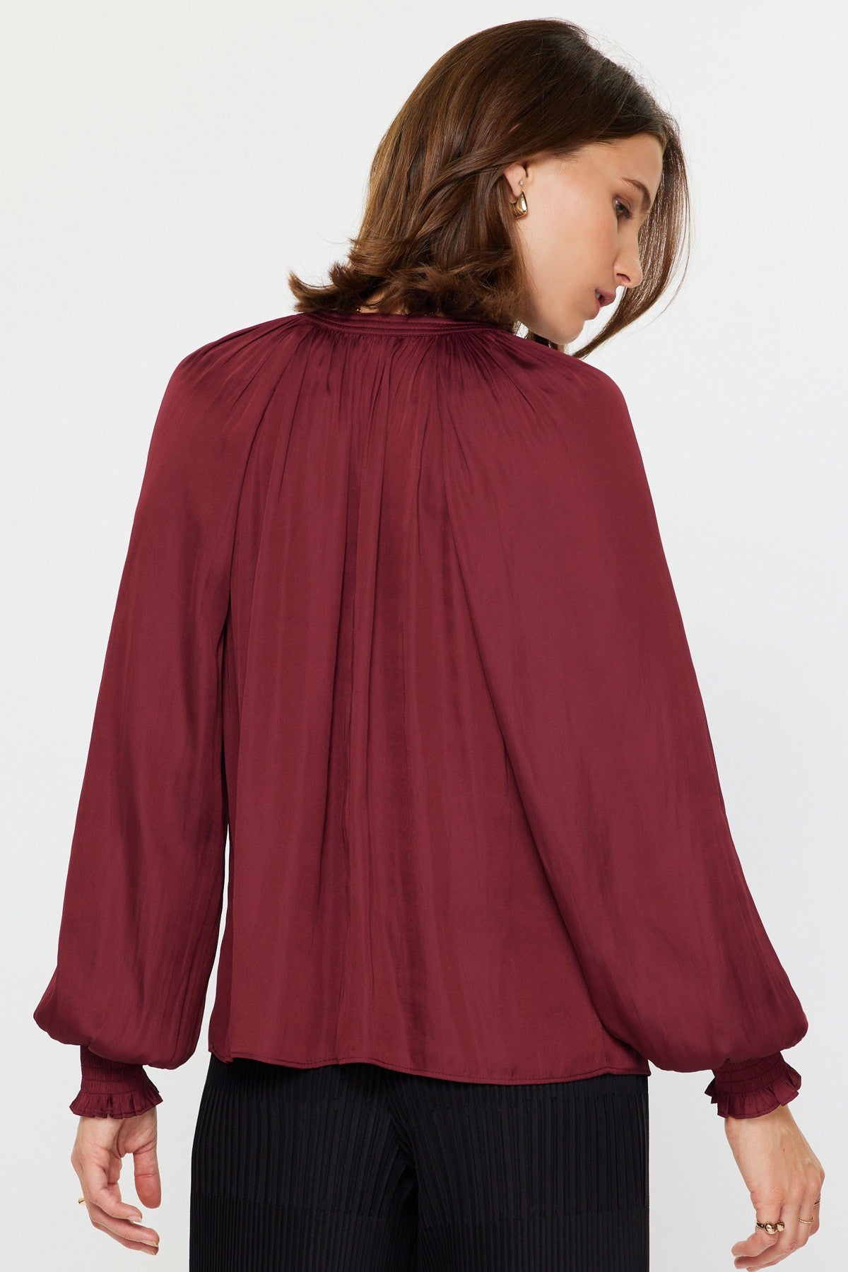 Long Sleeve V-Neck Blouse - Burgundy