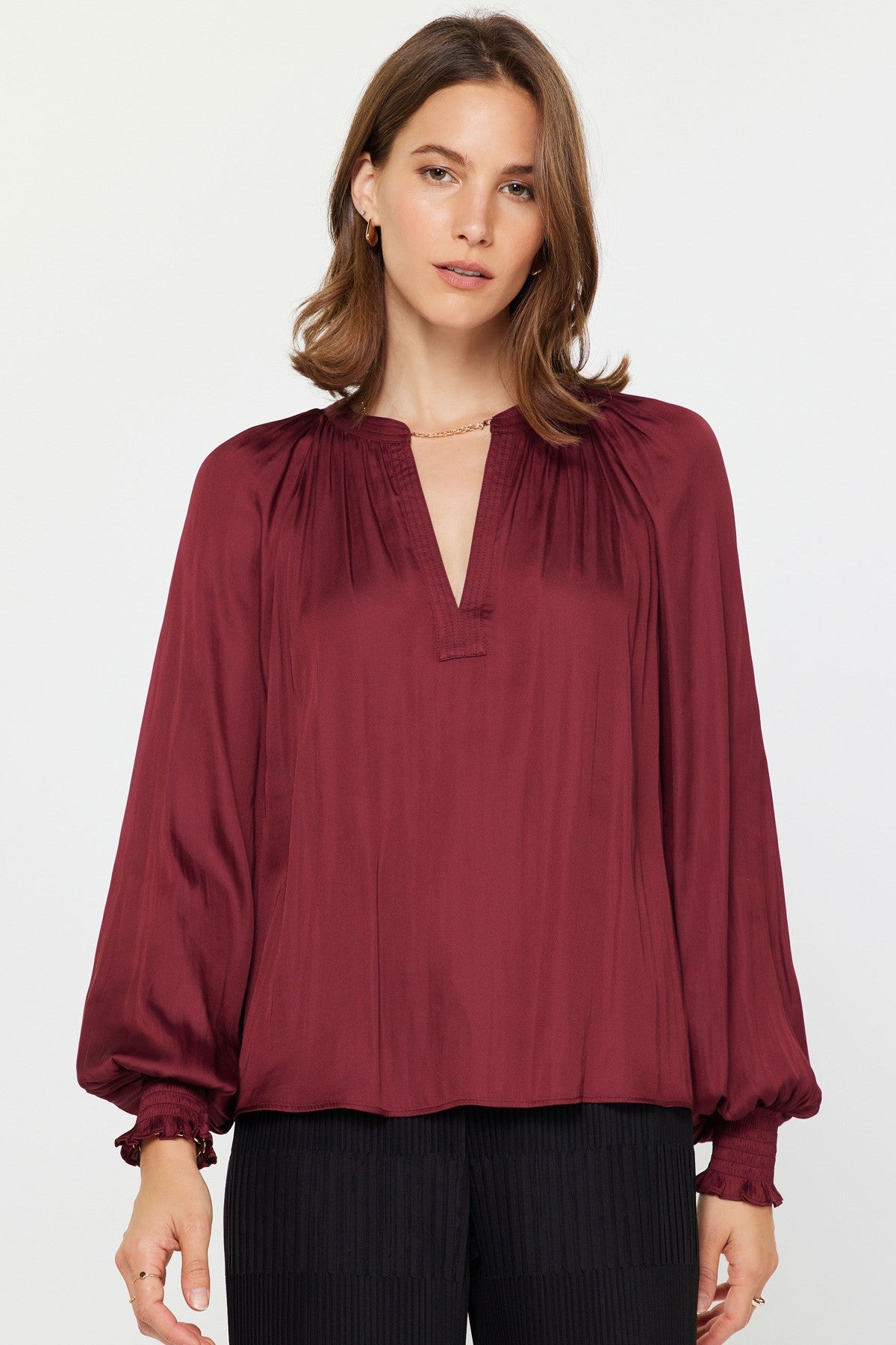 Long Sleeve V-Neck Blouse - Burgundy