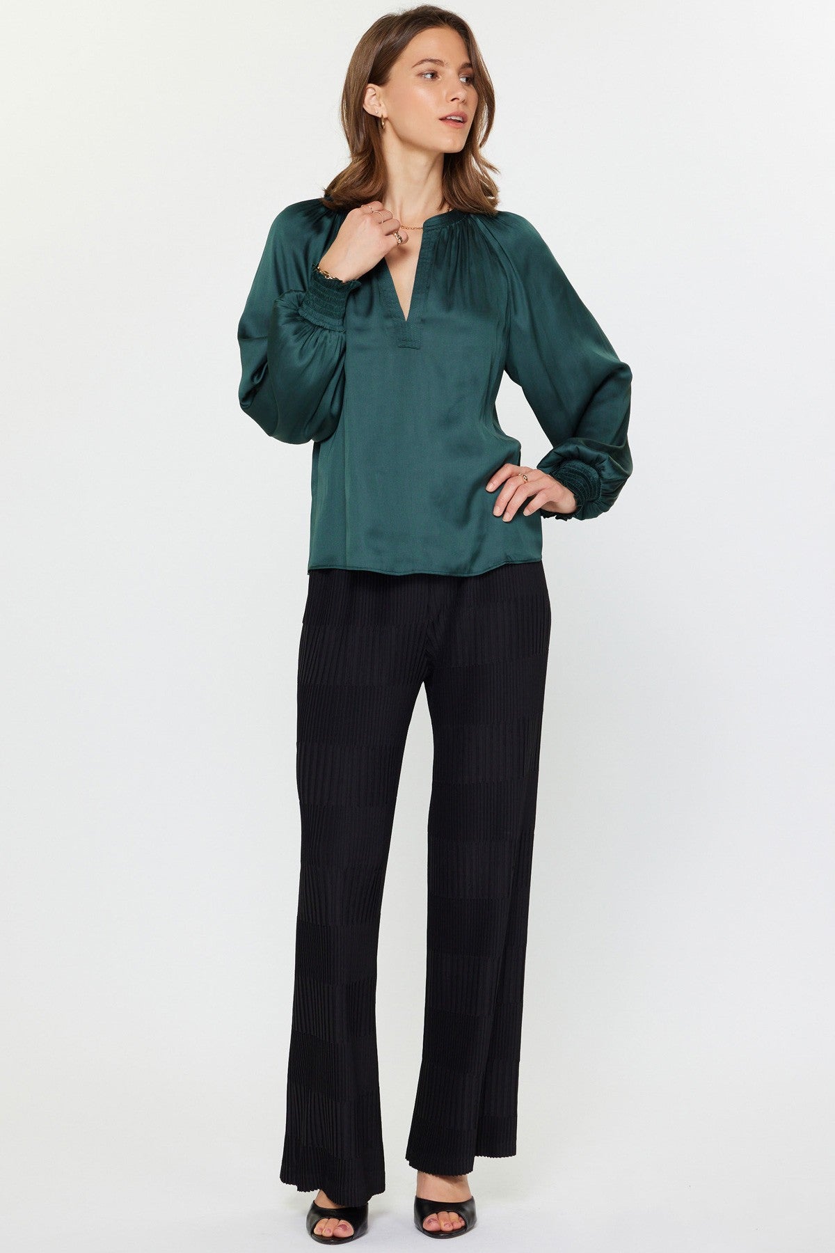 Long Sleeve V-Neck Blouse - Hunter Green