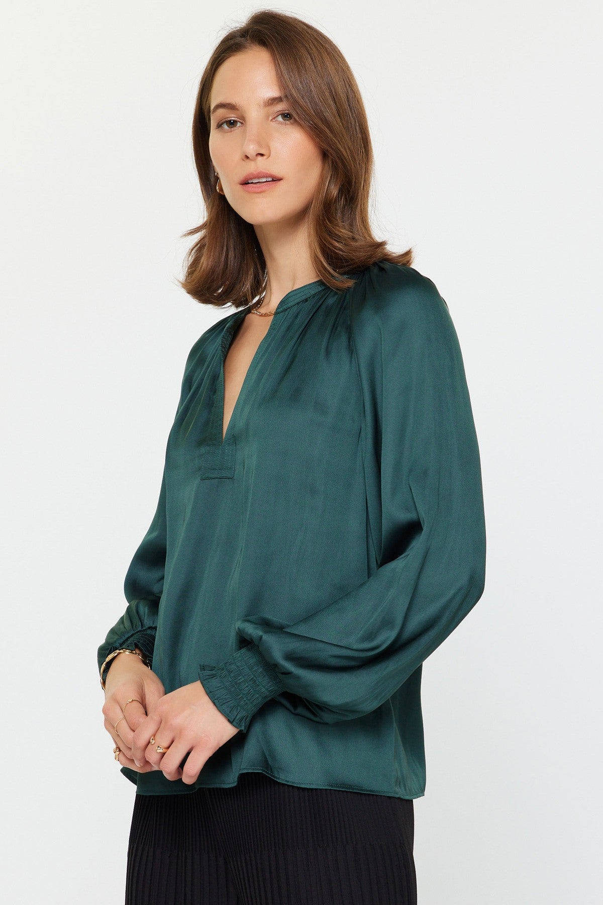Long Sleeve V-Neck Blouse - Hunter Green