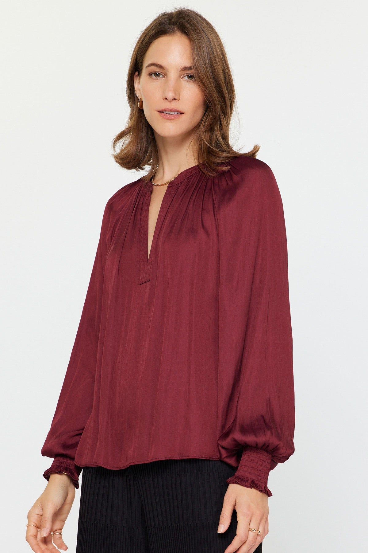 Long Sleeve V-Neck Blouse - Burgundy