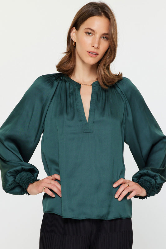 Long Sleeve V-Neck Blouse - Hunter Green