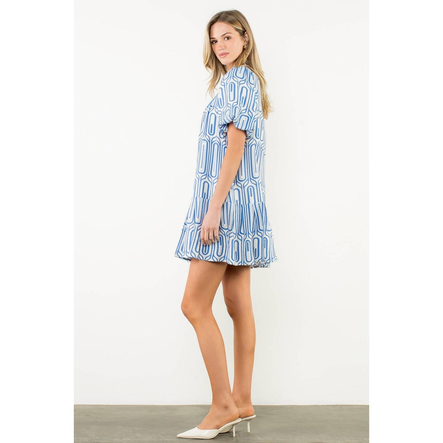 Geometric Puff Sleeve Button Dress - Blue