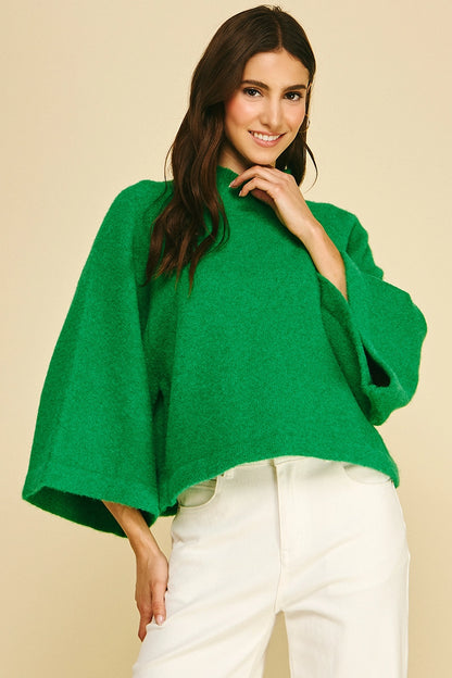 Wide Sleeve Mock Neck Sweater - Green
