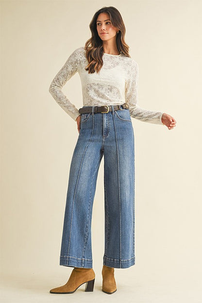 Stretch High Rise Pin Tuck Detail Wide Leg Jean - Medium Denim