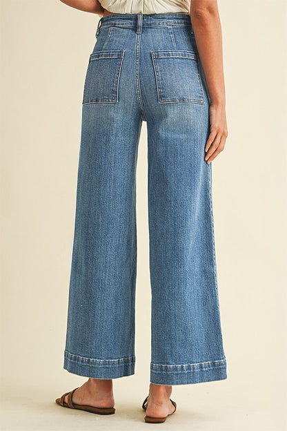 Stretch High Rise Pin Tuck Detail Wide Leg Jean - Medium Denim