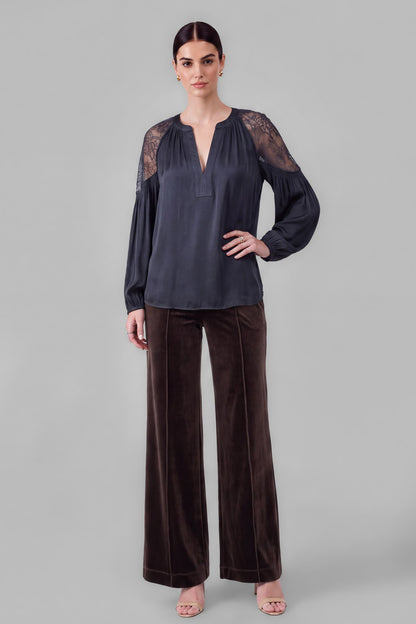 Lace Point Satin Blouse - Slate Navy