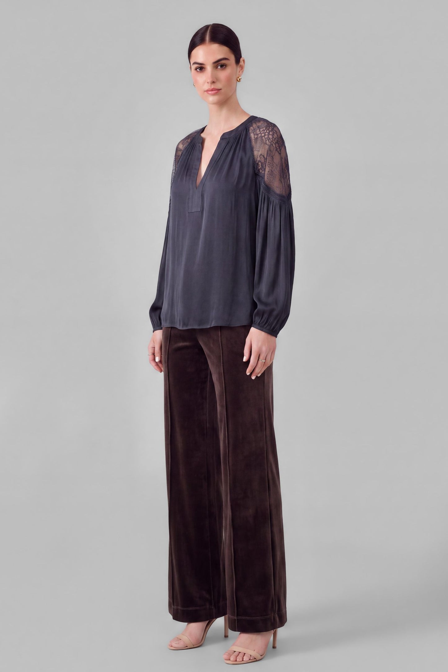 Lace Point Satin Blouse - Slate Navy