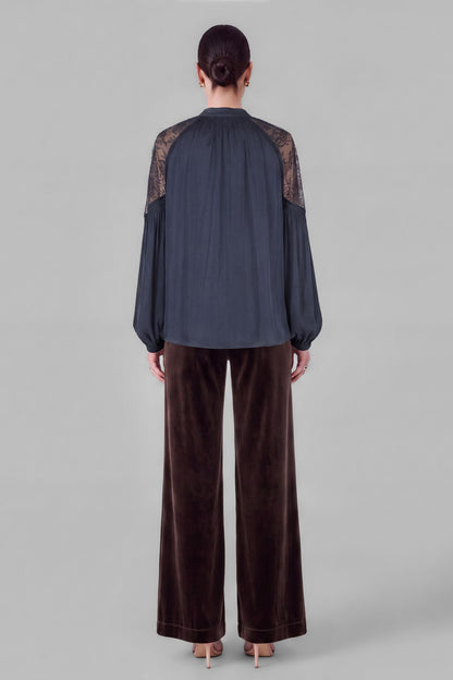 Lace Point Satin Blouse - Slate Navy
