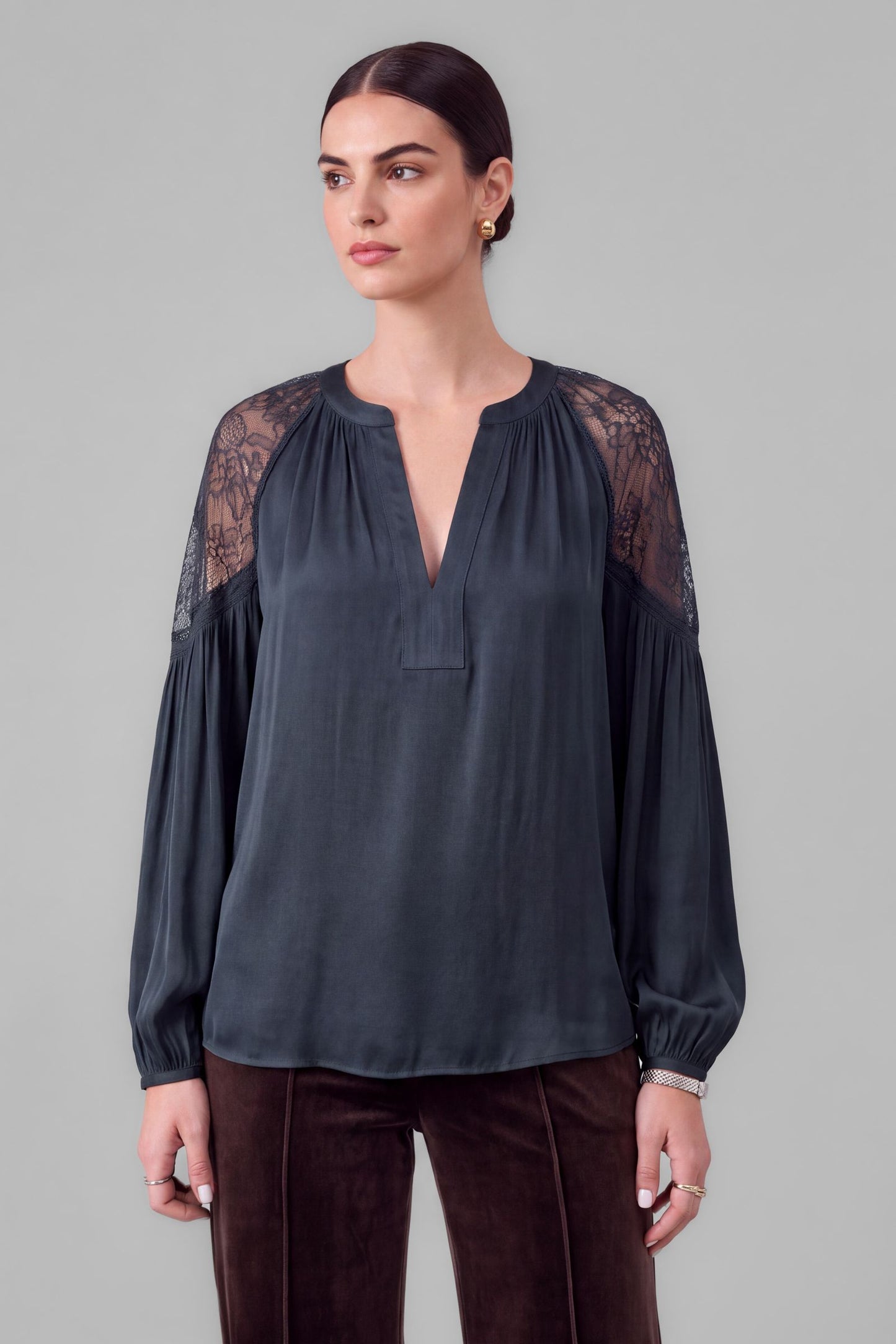 Lace Point Satin Blouse - Slate Navy