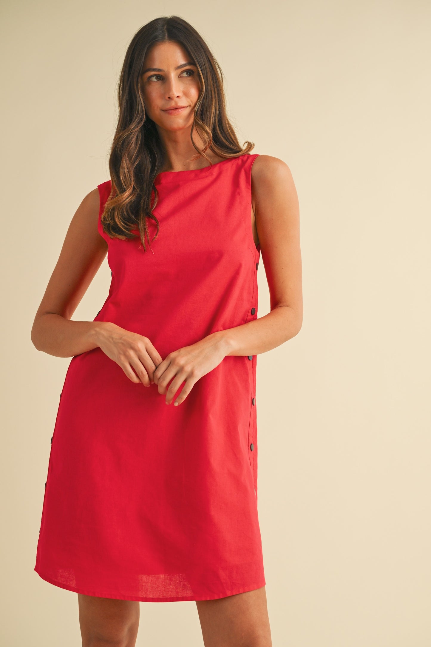Linen Side Button Detail Mini Dress - Red