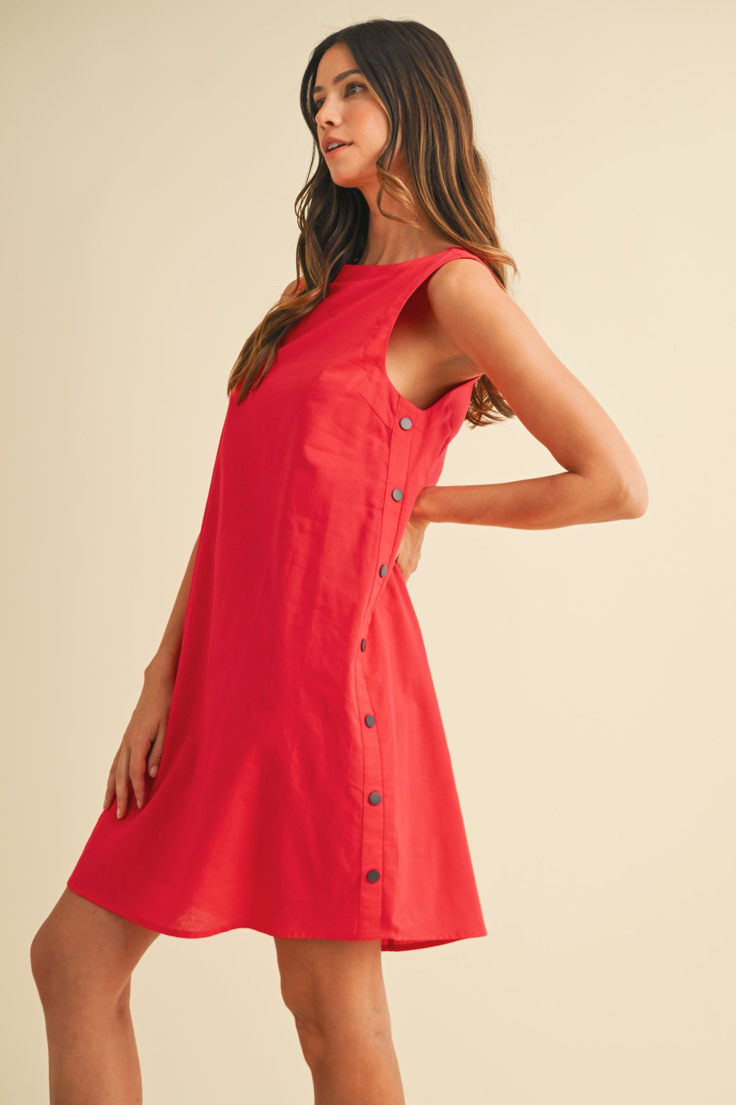 Linen Side Button Detail Mini Dress - Red