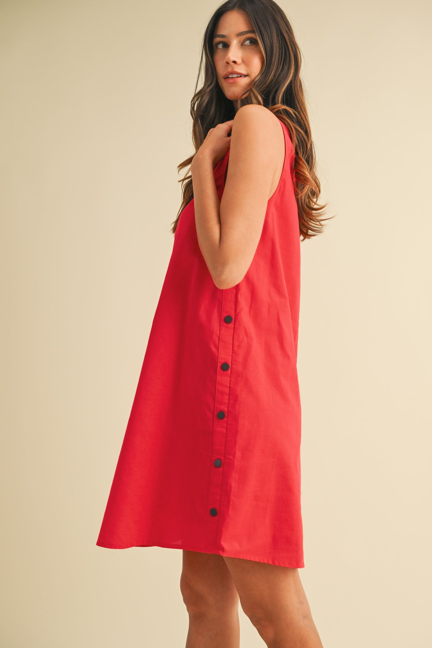 Linen Side Button Detail Mini Dress - Red