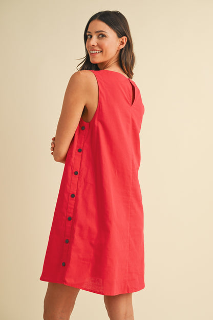 Linen Side Button Detail Mini Dress - Red