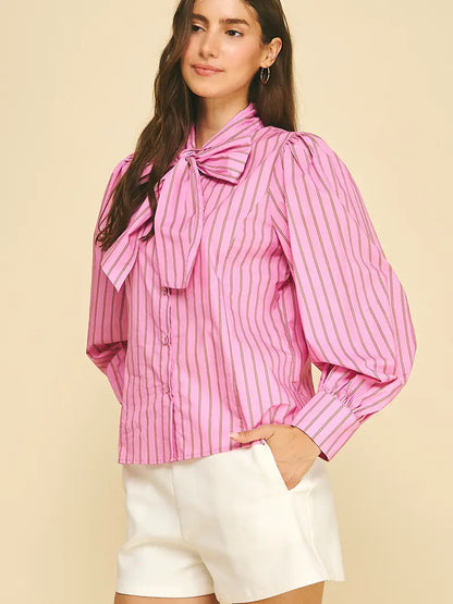 Stripe Bow Tie Detailed Shirt - Pink/Brown