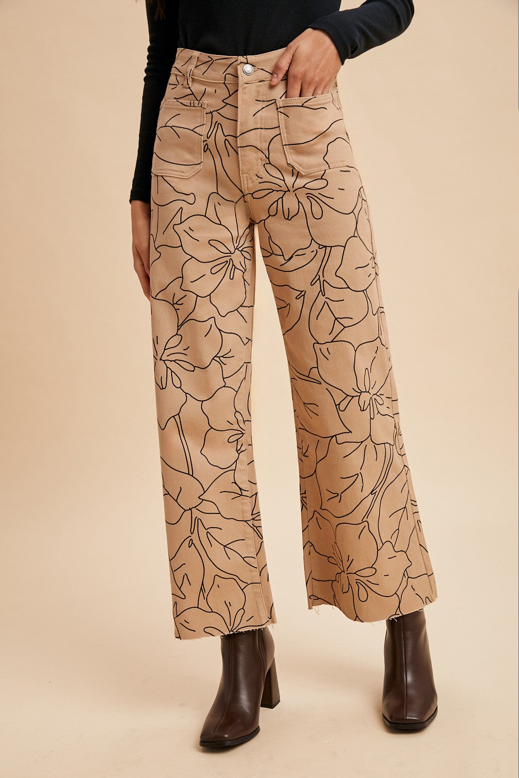 Floral Print Wide Leg Jeans - Latte